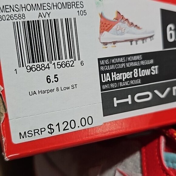 Under Armour Hovr UA Harper 8 Low Red & Silver Hybrid Metal Cleats Size 6.5 New main image 9